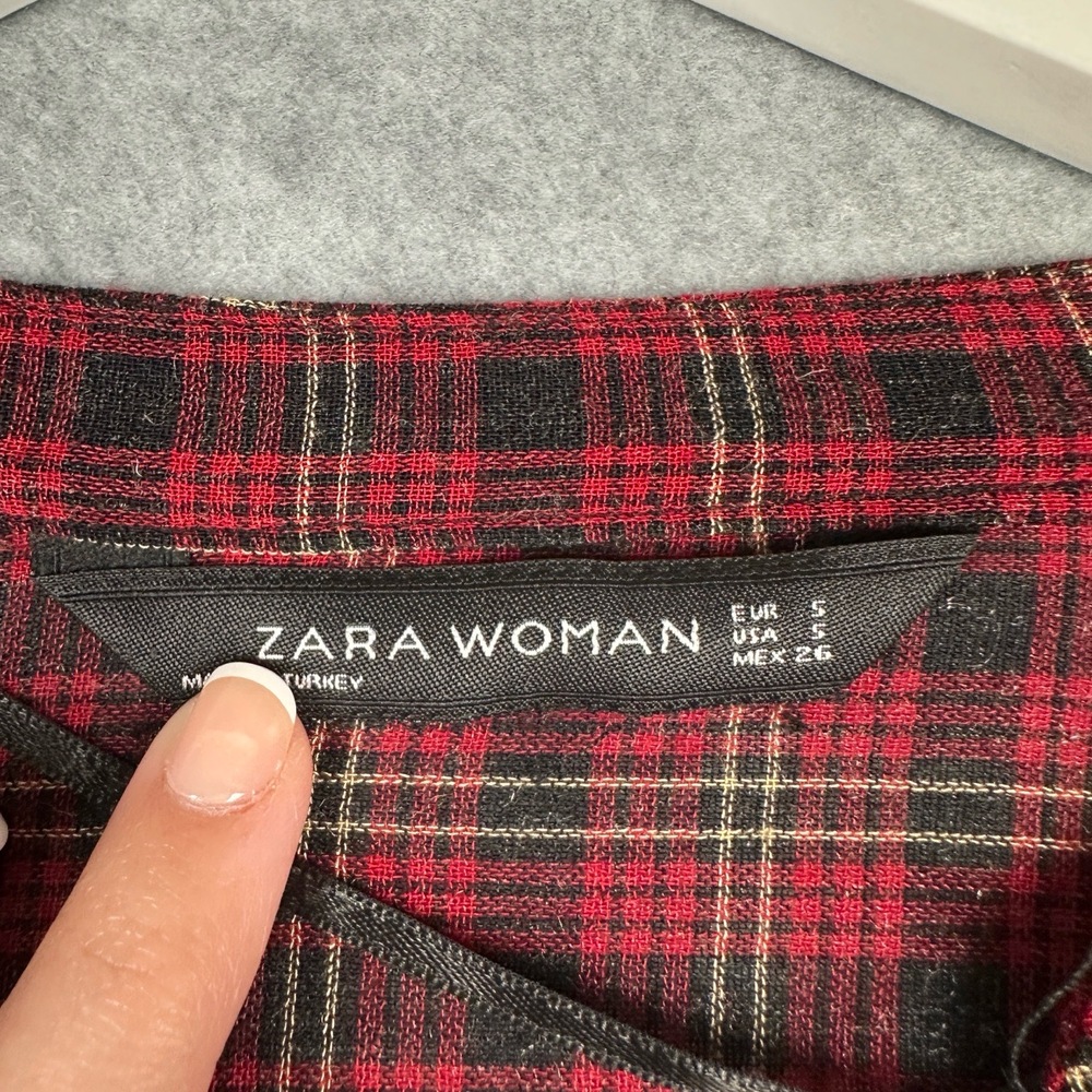 Zara Blouse Womens S Plaid Long Sleeve V Neck Semi Sheer Oversized High Low - Picture 10 of 11